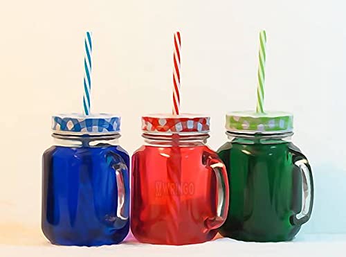 WRINGO® 500 ml Glass Mason Jar, Juice Soft Cold Drinks Mason Mug with Handle and Multi Color Lid and Straw, Transparent (10) - Image 2
