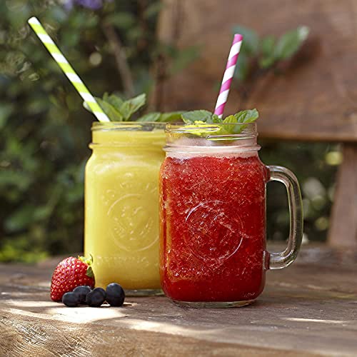 WRINGO® 500 ml Glass Mason Jar, Juice Soft Cold Drinks Mason Mug with Handle and Multi Color Lid and Straw, Transparent (10) - Image 4