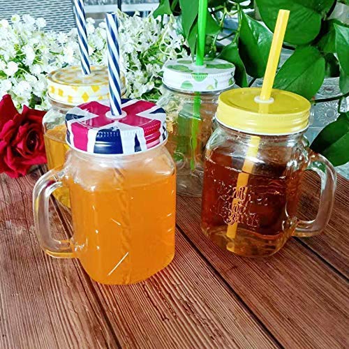 WRINGO® 500 ml Glass Mason Jar, Juice Soft Cold Drinks Mason Mug with Handle and Multi Color Lid and Straw, Transparent (10) - Image 3