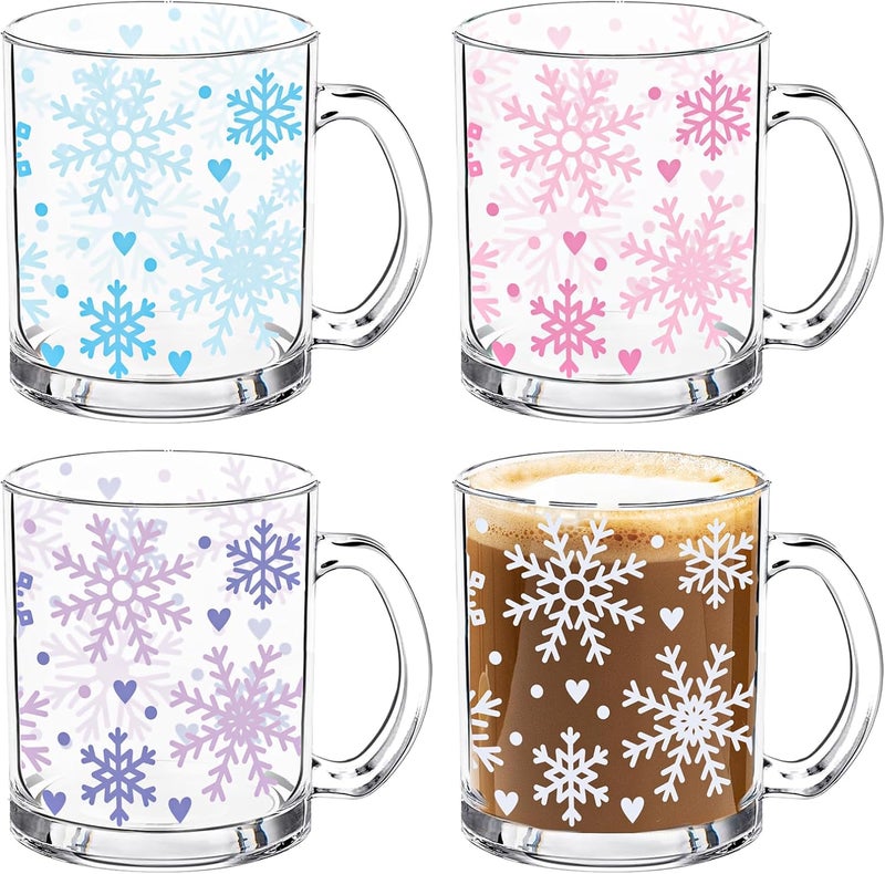 Whaline 4Pcs Snowflake Glass Mug Set 12 oz Christmas Glass Coffee Mugs with Handle Winter Snowflake Coffee Cups Xmas Beverage Mugs for Hot Cold Drinks Water Tea Milk - Image 1