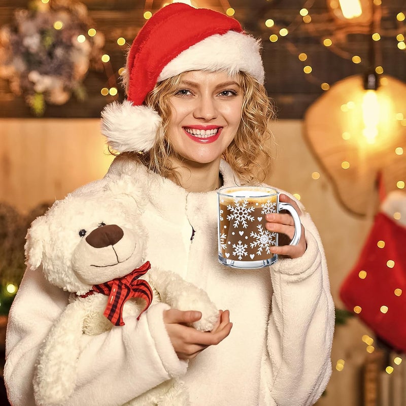 Whaline 4Pcs Snowflake Glass Mug Set 12 oz Christmas Glass Coffee Mugs with Handle Winter Snowflake Coffee Cups Xmas Beverage Mugs for Hot Cold Drinks Water Tea Milk - Image 4