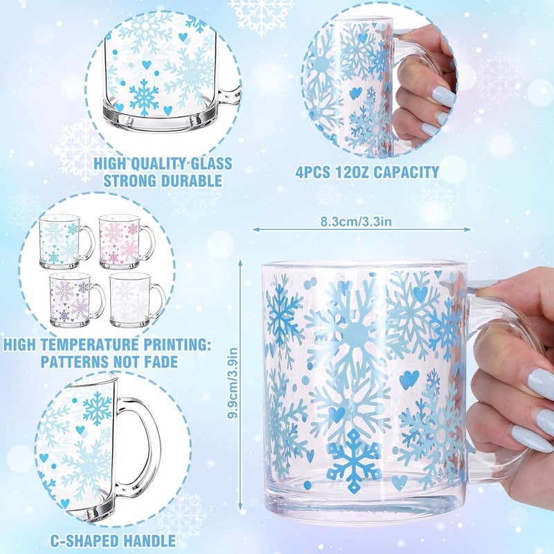 Whaline 4Pcs Snowflake Glass Mug Set 12 oz Christmas Glass Coffee Mugs with Handle Winter Snowflake Coffee Cups Xmas Beverage Mugs for Hot Cold Drinks Water Tea Milk - Image 2