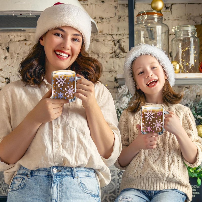 Whaline 4Pcs Snowflake Glass Mug Set 12 oz Christmas Glass Coffee Mugs with Handle Winter Snowflake Coffee Cups Xmas Beverage Mugs for Hot Cold Drinks Water Tea Milk - Image 5