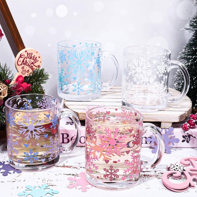 Whaline 4Pcs Snowflake Glass Mug Set 12 oz Christmas Glass Coffee Mugs with Handle Winter Snowflake Coffee Cups Xmas Beverage Mugs for Hot Cold Drinks Water Tea Milk - Image 3