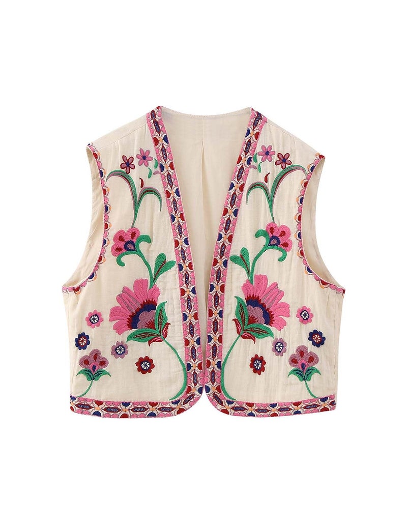 Yimoon Women's Vintage Floral Embroidered Vest Boho Casual Open Front Sleeveless Cardigan Waistcoat (Pink-L) - Image 1