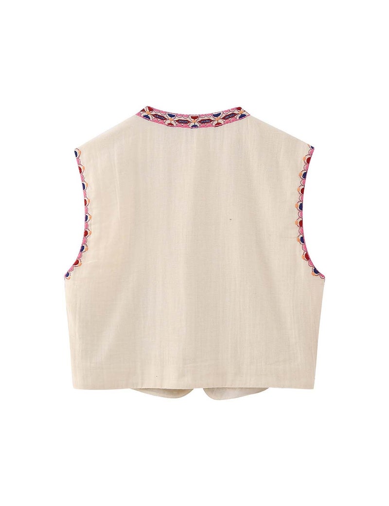 Yimoon Women's Vintage Floral Embroidered Vest Boho Casual Open Front Sleeveless Cardigan Waistcoat (Pink-L) - Image 2