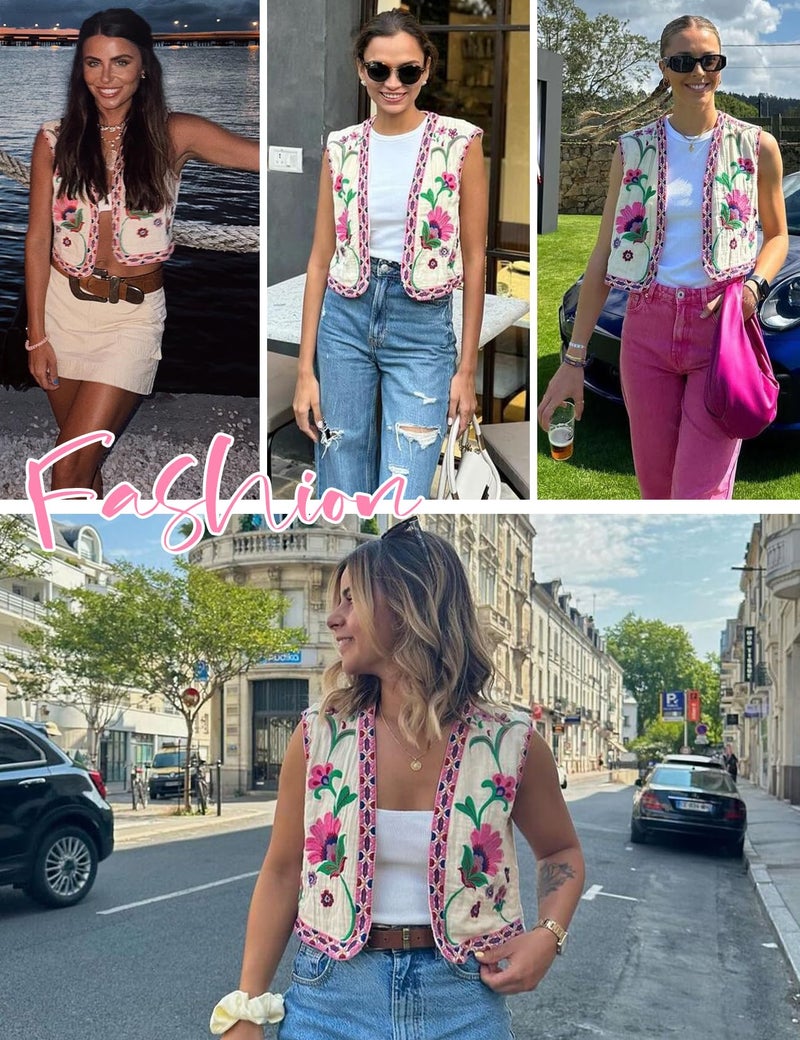 Yimoon Women's Vintage Floral Embroidered Vest Boho Casual Open Front Sleeveless Cardigan Waistcoat (Pink-L) - Image 4