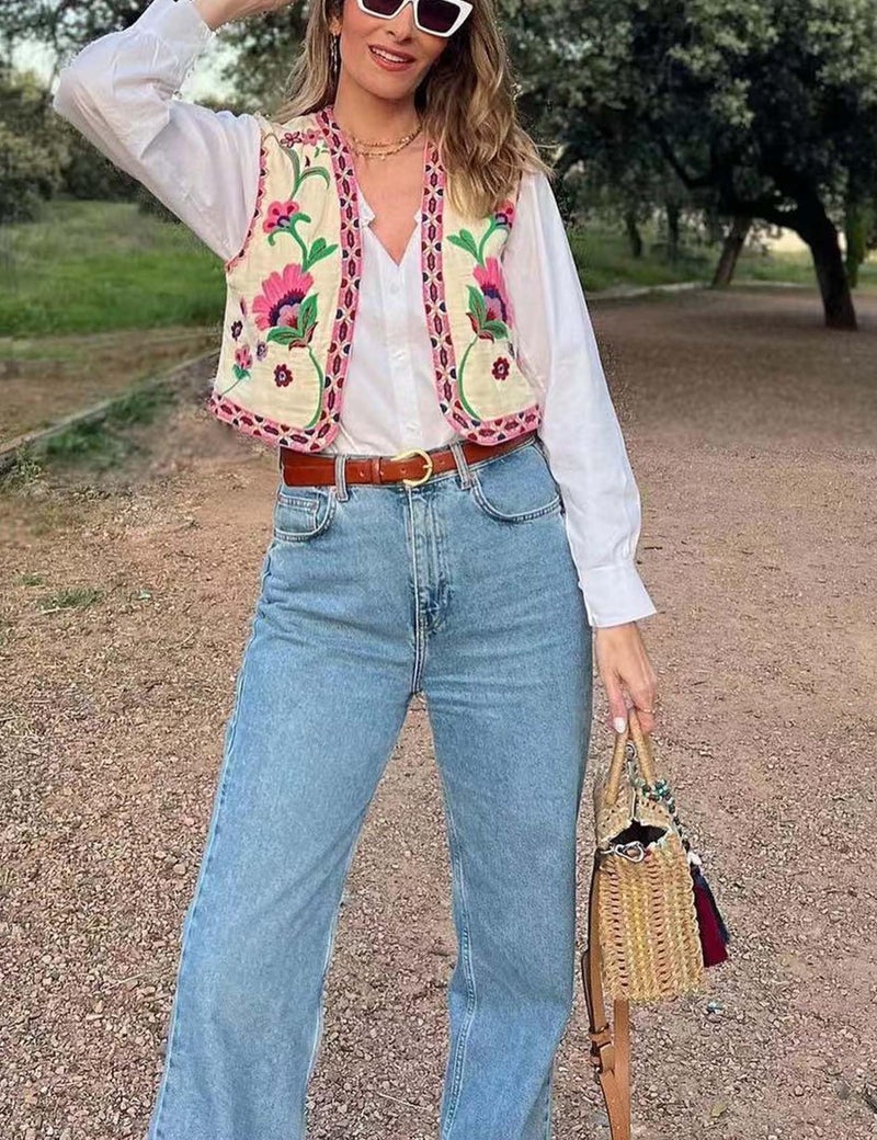 Yimoon Women's Vintage Floral Embroidered Vest Boho Casual Open Front Sleeveless Cardigan Waistcoat (Pink-L) - Image 3