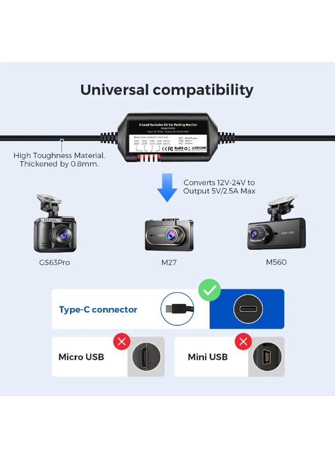 أزدوم طقم الأسلاك الصلبة لتسجيل مسجل الفيديو الرقمي للسيارة مع منفذ من النوع C لمنفذ M550 Max/M300S/GS63Pro/M580 حماية منخفضة الجهد 12 فولت-24 فولت في 5 فولت 2.5 أمبير  - Image 5