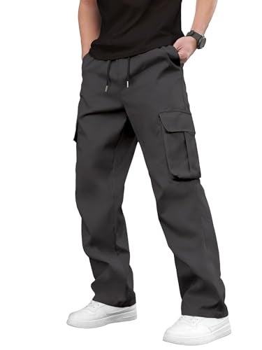 PLEPAN Men's Casual Cargo Pants Drawstring Hiking Pants Workout Tactical Joggers Sweatpants for Men Dark Grey Large - Image 2