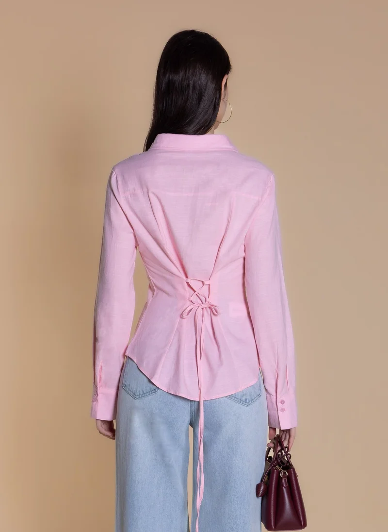 Shapes Pink RUFFLED LINEN BLOUSE for Women | Best Price UAE