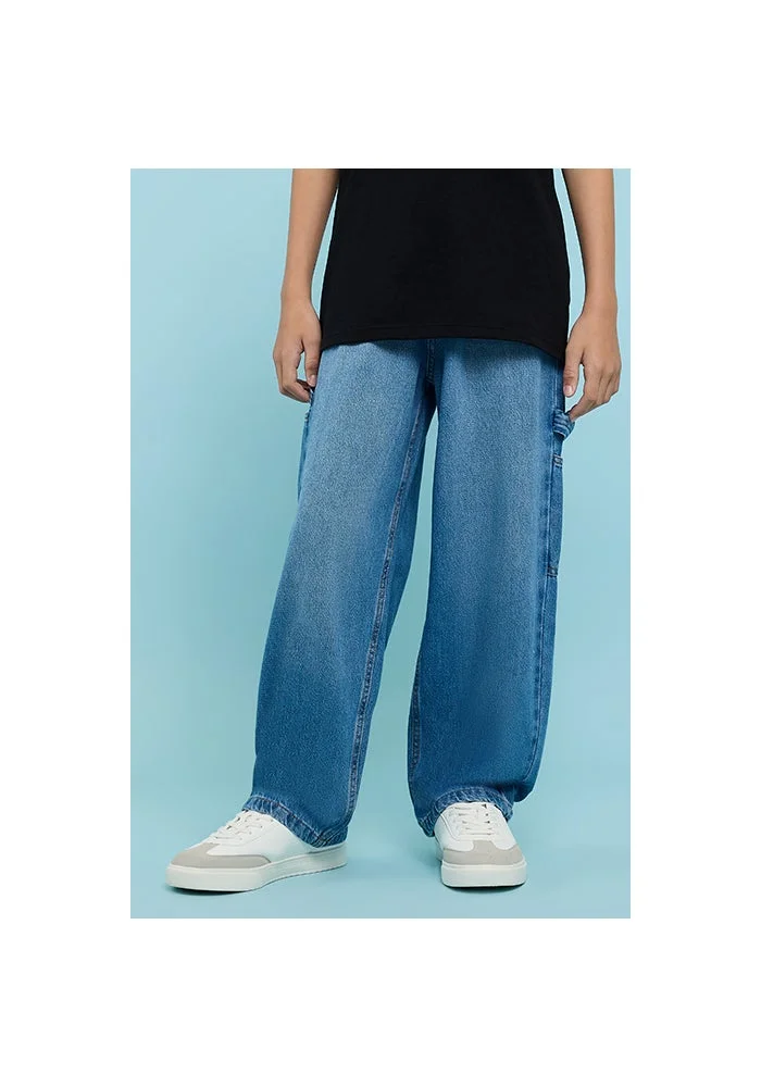 R&b Washed Baggy Fit Jeans with Button Closure