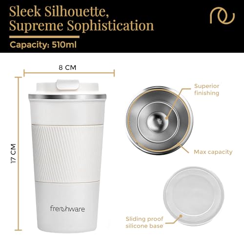 Frenchware Stainless Steel Vacuum Insulated Mug, Travel Coffee Mug with Leakproof Lid, Reusable for Hot & Cold Coffee Water Tea, 3 Hours Hot & 8 Hours Cold, Non-Slip Protective Cover (510 Ml, White) - Image 4