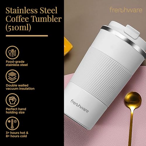 Frenchware Stainless Steel Vacuum Insulated Mug, Travel Coffee Mug with Leakproof Lid, Reusable for Hot & Cold Coffee Water Tea, 3 Hours Hot & 8 Hours Cold, Non-Slip Protective Cover (510 Ml, White) - Image 2