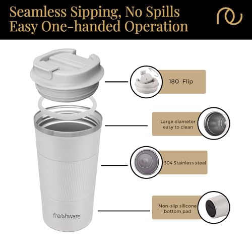 Frenchware Stainless Steel Vacuum Insulated Mug, Travel Coffee Mug with Leakproof Lid, Reusable for Hot & Cold Coffee Water Tea, 3 Hours Hot & 8 Hours Cold, Non-Slip Protective Cover (510 Ml, White) - Image 5