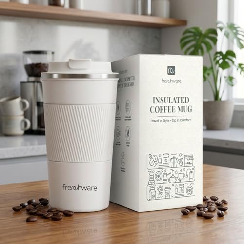 Frenchware Stainless Steel Vacuum Insulated Mug, Travel Coffee Mug with Leakproof Lid, Reusable for Hot & Cold Coffee Water Tea, 3 Hours Hot & 8 Hours Cold, Non-Slip Protective Cover (510 Ml, White) - Image 1