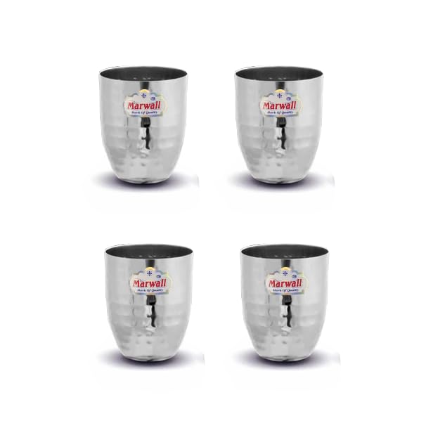MARWALL Stainless Steel Apple Hammered Finish Drinkware Glasses300ml Capacity Each 4 Silver - Image 1