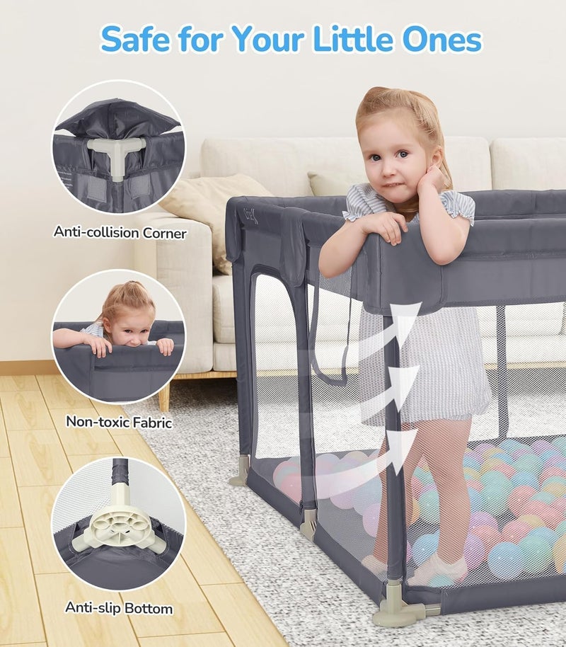 Piccasio Baby Playpen with Gate, 180x150 cm Toddler Safety Activity Center, Sturdy Playard with Anti-Slip Base, Portable Children's Fence with 10 Balls and 2 Hanging Pulls, Packable - Image 2