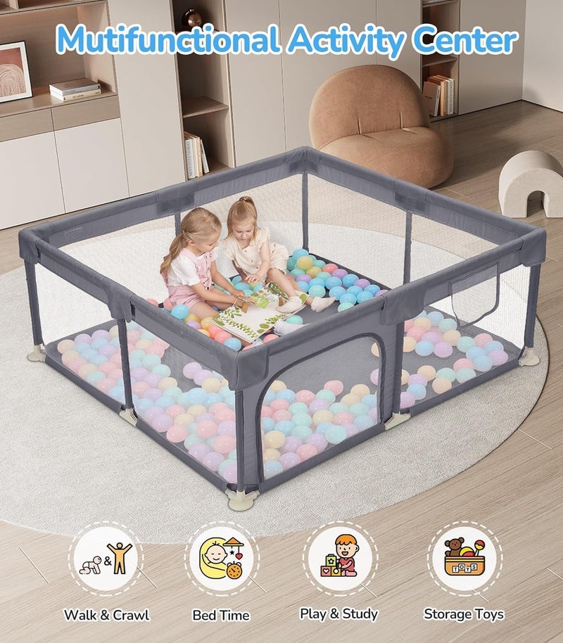 Piccasio Baby Playpen with Gate, 180x150 cm Toddler Safety Activity Center, Sturdy Playard with Anti-Slip Base, Portable Children's Fence with 10 Balls and 2 Hanging Pulls, Packable - Image 5