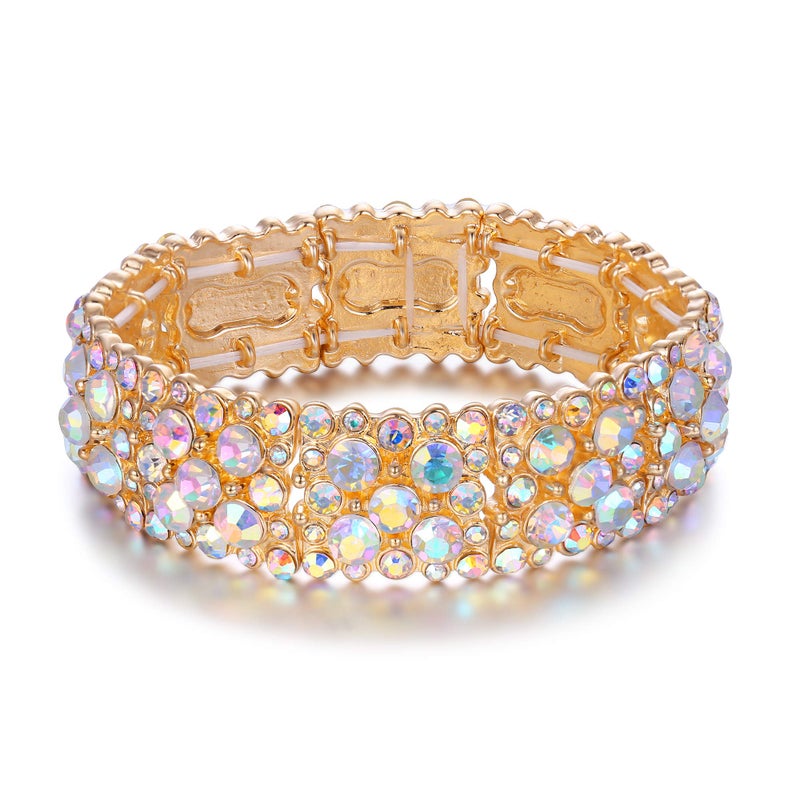 EVER FAITH Women's Round Austrian Crystal Elegant Bridal Stretch Bracelet Iridescent Clear AB Gold-Tone - Image 1