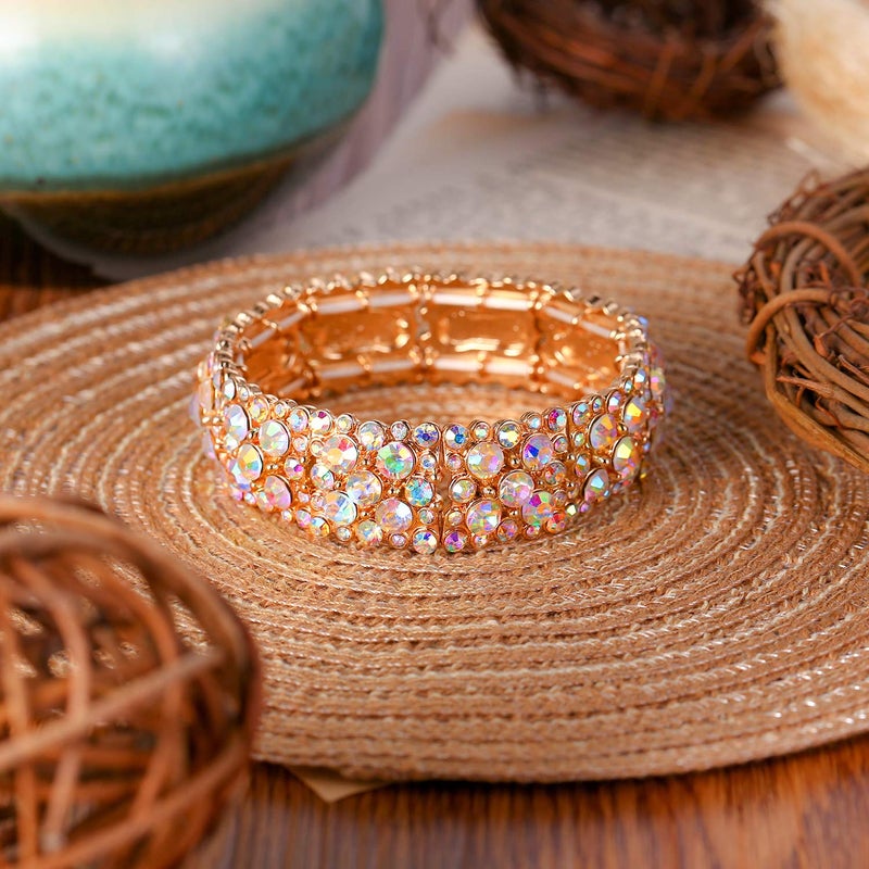 EVER FAITH Women's Round Austrian Crystal Elegant Bridal Stretch Bracelet Iridescent Clear AB Gold-Tone - Image 3