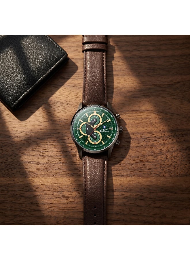 Ben Sherman Brighton Green Dial Brown Genuine Leather Strap Chronograph Watch for Men, 43.5mm - Image 4