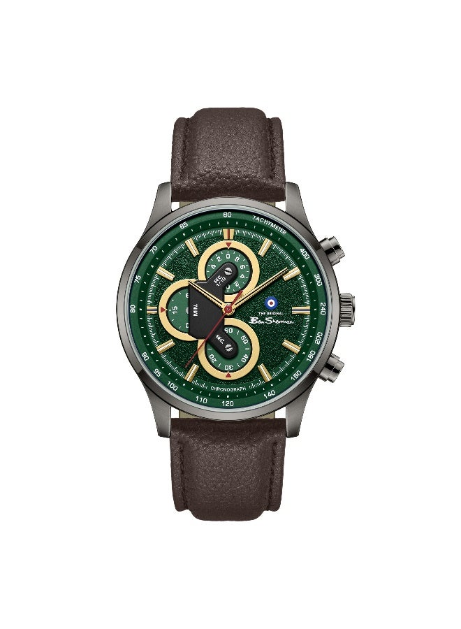 Ben Sherman Brighton Green Dial Brown Genuine Leather Strap Chronograph Watch for Men, 43.5mm - Image 1