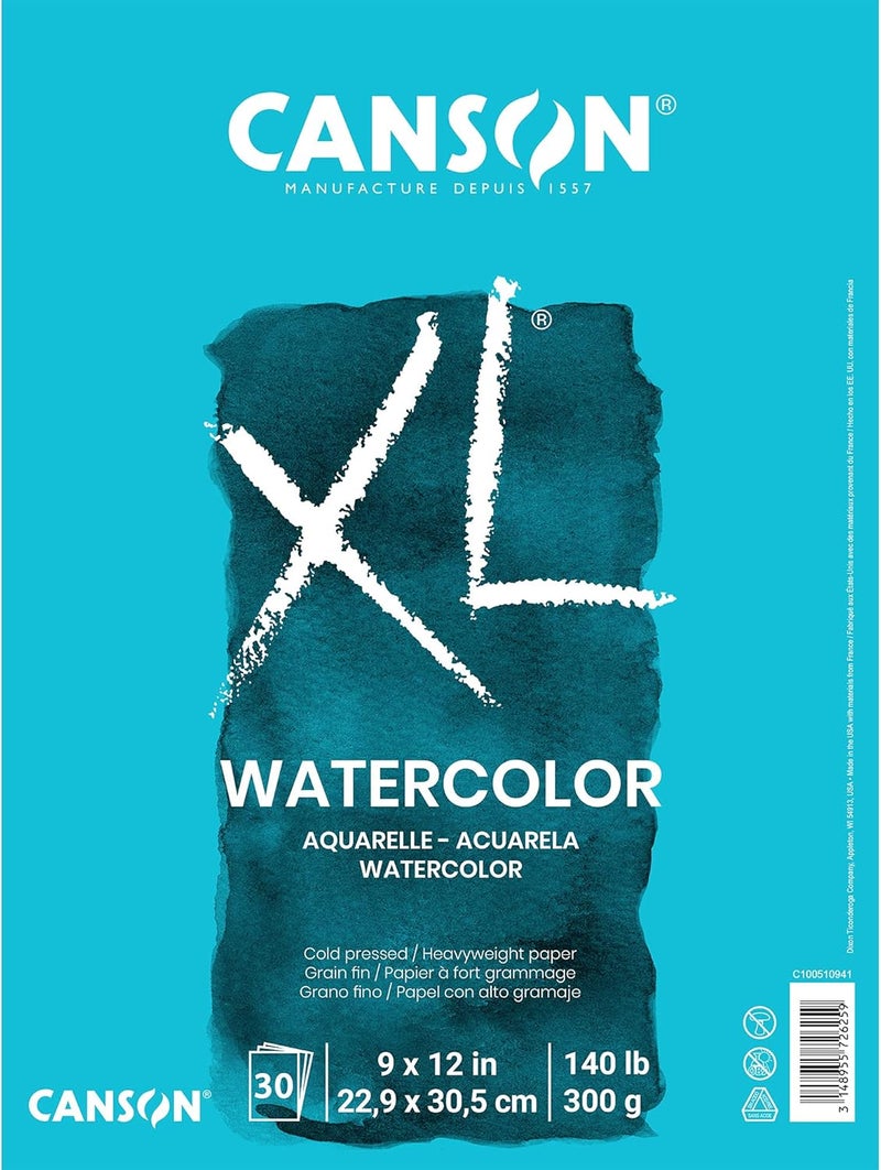 CANSON XL Series Watercolor Pad, Heavyweight White Paper, Foldover Binding, 30 Sheets, 9x12 inch - Image 1