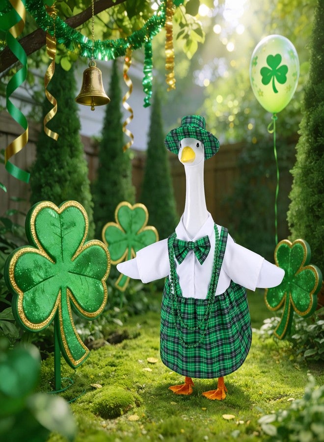 Watayo 4 Pcs/Set St. Patrick's Day Porch Goose Outfits, Lawn Goose Statue Green Plaid Costume, Irish Green Garden Goose Clothes Dress Hat and Bead Necklaces for 23" High Statue Patio Yard Decor - Image 4