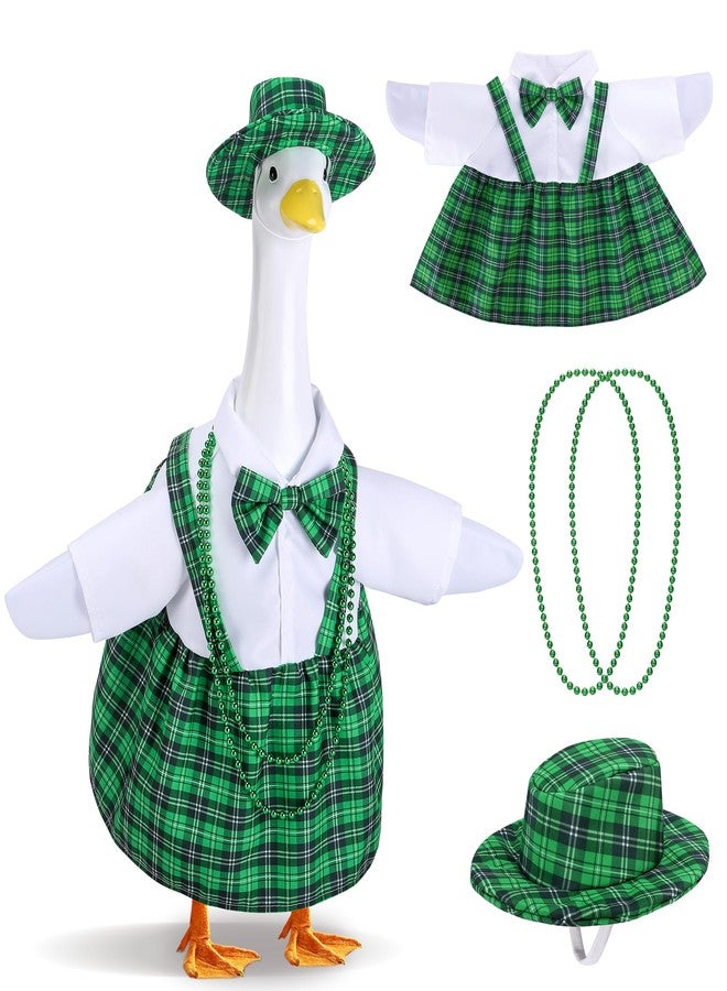 Watayo 4 Pcs/Set St. Patrick's Day Porch Goose Outfits, Lawn Goose Statue Green Plaid Costume, Irish Green Garden Goose Clothes Dress Hat and Bead Necklaces for 23" High Statue Patio Yard Decor - Image 1