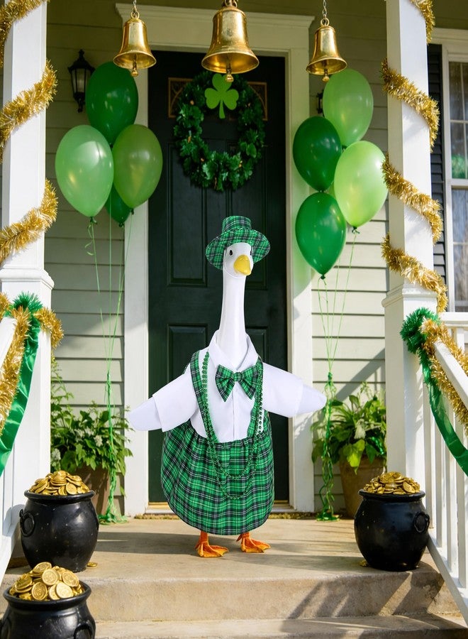 Watayo 4 Pcs/Set St. Patrick's Day Porch Goose Outfits, Lawn Goose Statue Green Plaid Costume, Irish Green Garden Goose Clothes Dress Hat and Bead Necklaces for 23" High Statue Patio Yard Decor - Image 5