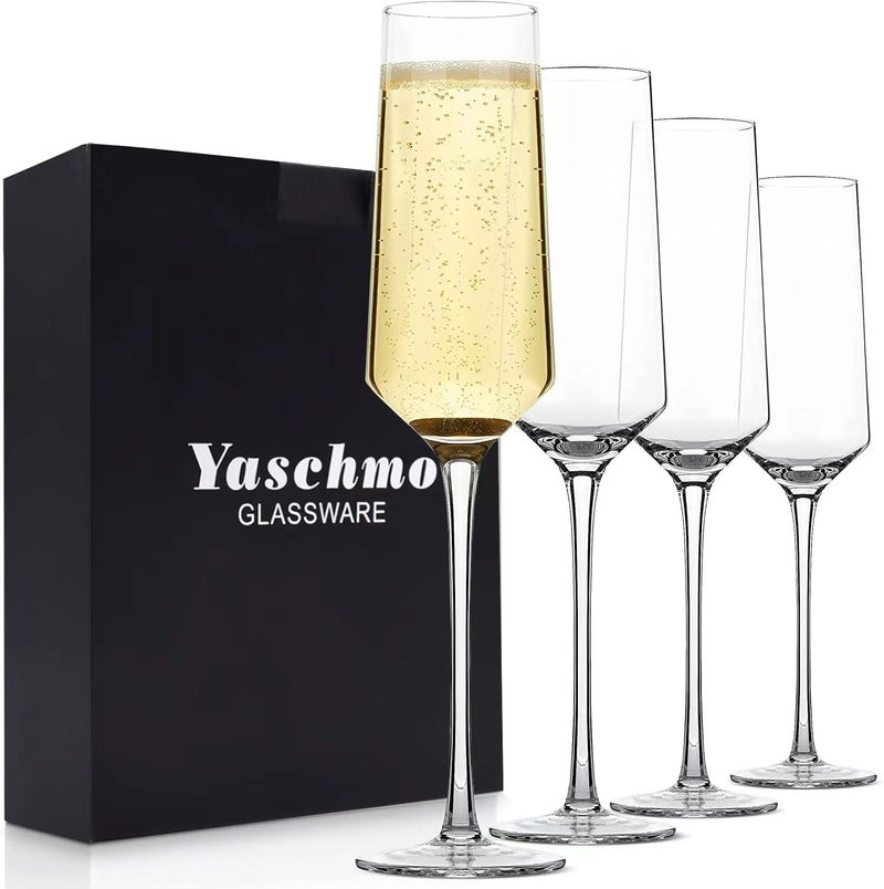 Yaschmo Champagne FlutesHand Blown Crystal Glasses Set of 4 8oz Elegant Champagne Flutes Ideal gift for WeddingAnniversary Shower Party Supplies8oz Clear