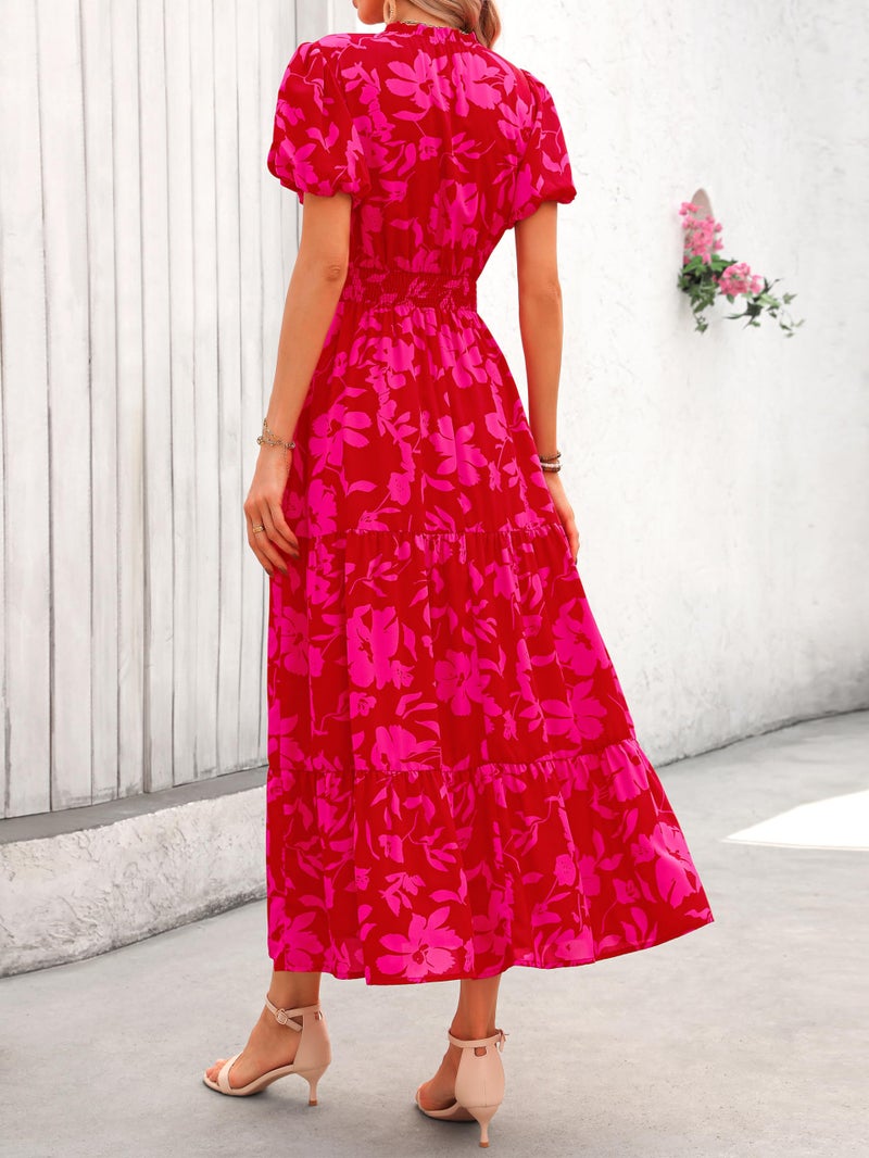 MASCOMODA Summer Maxi Dresses for Women 2026 Casual V Neck Puff Short Sleeve Smocked Flowy Beach Boho Long Floral Dress(Red Big Floral,Small) - Image 5