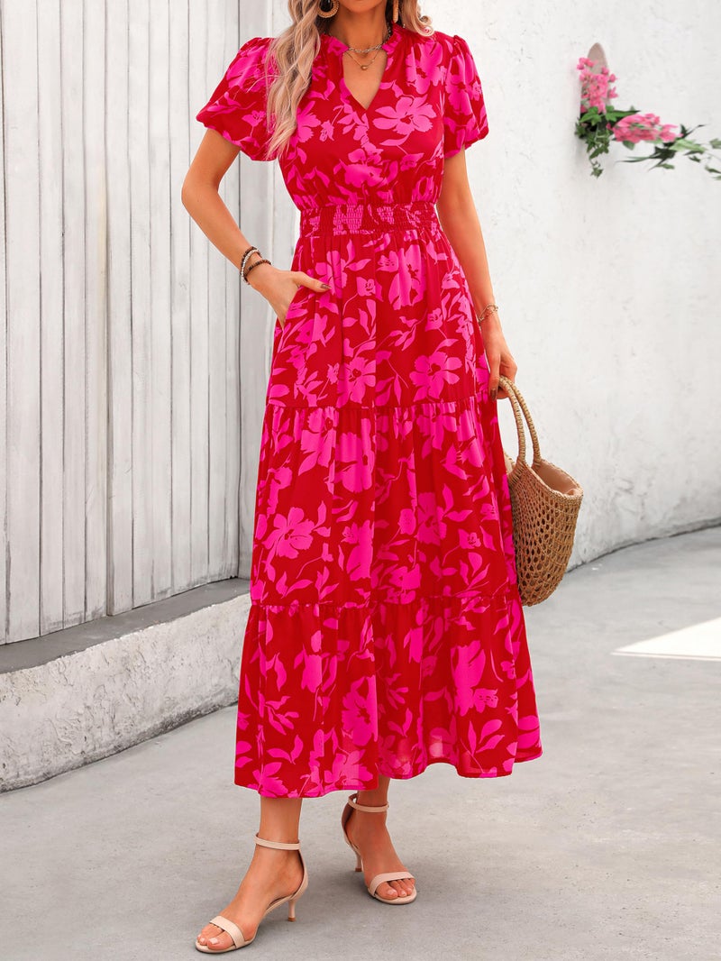 MASCOMODA Summer Maxi Dresses for Women 2026 Casual V Neck Puff Short Sleeve Smocked Flowy Beach Boho Long Floral Dress(Red Big Floral,Small) - Image 4