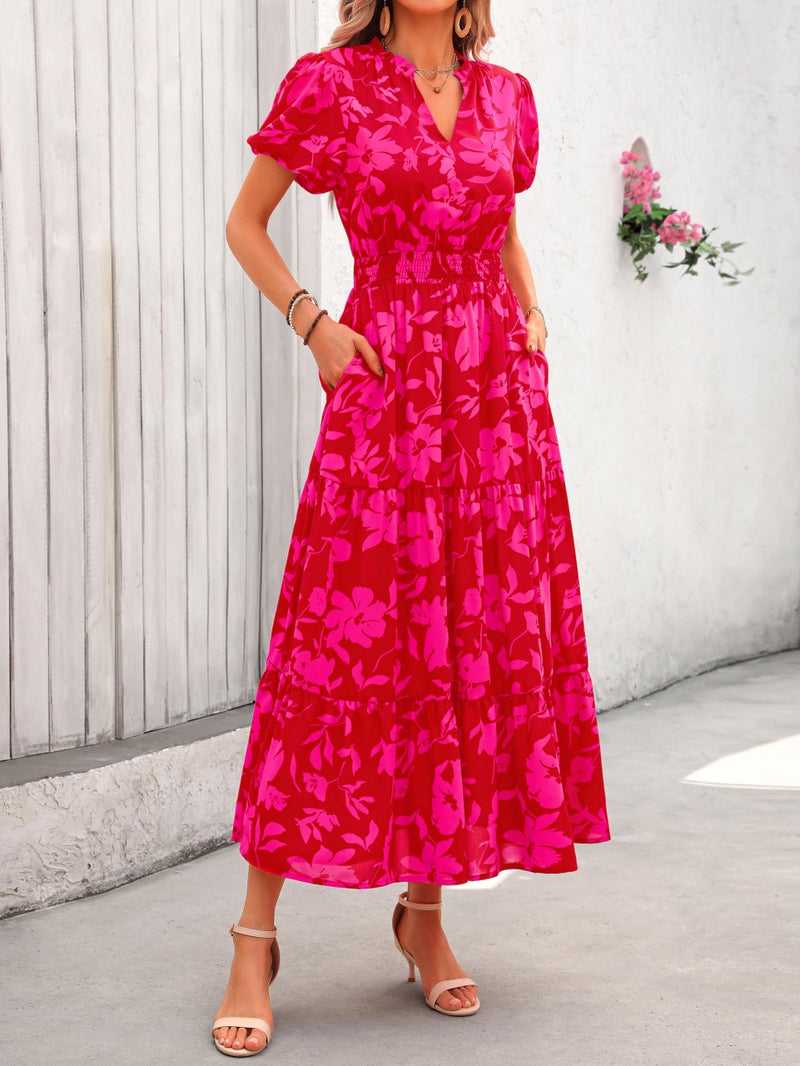 MASCOMODA Summer Maxi Dresses for Women 2026 Casual V Neck Puff Short Sleeve Smocked Flowy Beach Boho Long Floral Dress(Red Big Floral,Small) - Image 2