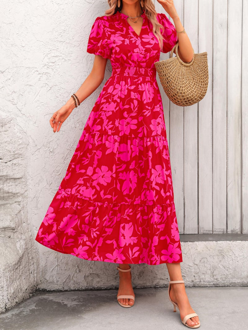 MASCOMODA Summer Maxi Dresses for Women 2026 Casual V Neck Puff Short Sleeve Smocked Flowy Beach Boho Long Floral Dress(Red Big Floral,Small) - Image 3