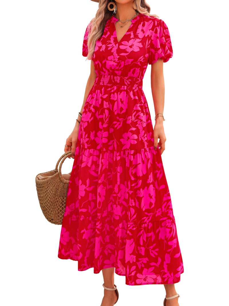 MASCOMODA Summer Maxi Dresses for Women 2026 Casual V Neck Puff Short Sleeve Smocked Flowy Beach Boho Long Floral Dress(Red Big Floral,Small) - Image 1