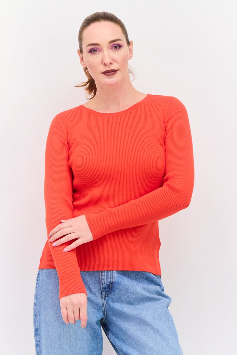 ESPRIT Women Crew Neck Long Sleeve Textured Sweater, Orange - Image 1
