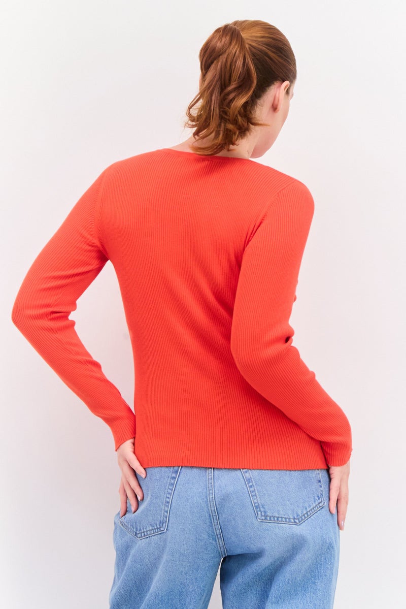 ESPRIT Women Crew Neck Long Sleeve Textured Sweater, Orange - Image 3
