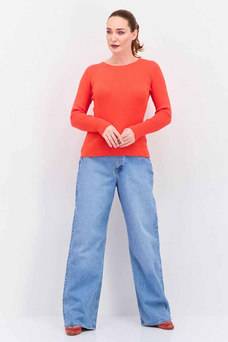ESPRIT Women Crew Neck Long Sleeve Textured Sweater, Orange - Image 4