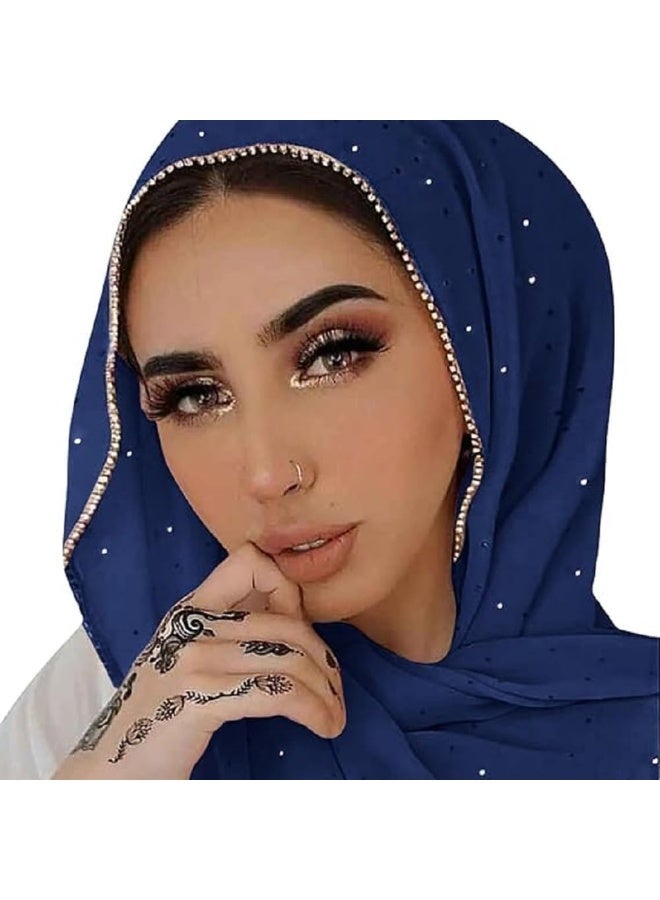 2Pcs Royal Blue Rhinestone Pearl Chiffon Hijab Scarf 180x70cm, Sparkling Gold Beaded Edge Muslim Women Head Wrap for Worship Party Daily Outfit - Image 1
