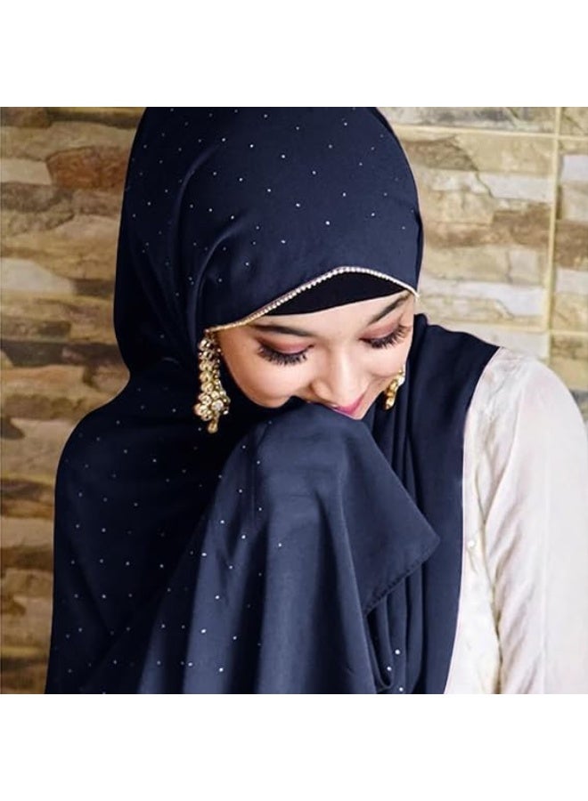 2Pcs Royal Blue Rhinestone Pearl Chiffon Hijab Scarf 180x70cm, Sparkling Gold Beaded Edge Muslim Women Head Wrap for Worship Party Daily Outfit - Image 2