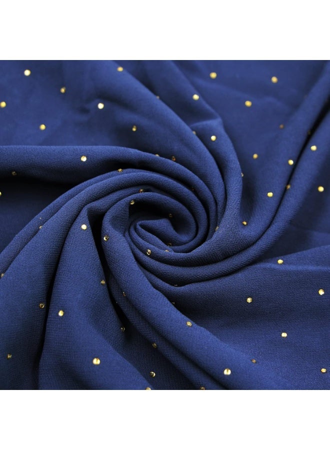 2Pcs Royal Blue Rhinestone Pearl Chiffon Hijab Scarf 180x70cm, Sparkling Gold Beaded Edge Muslim Women Head Wrap for Worship Party Daily Outfit - Image 3