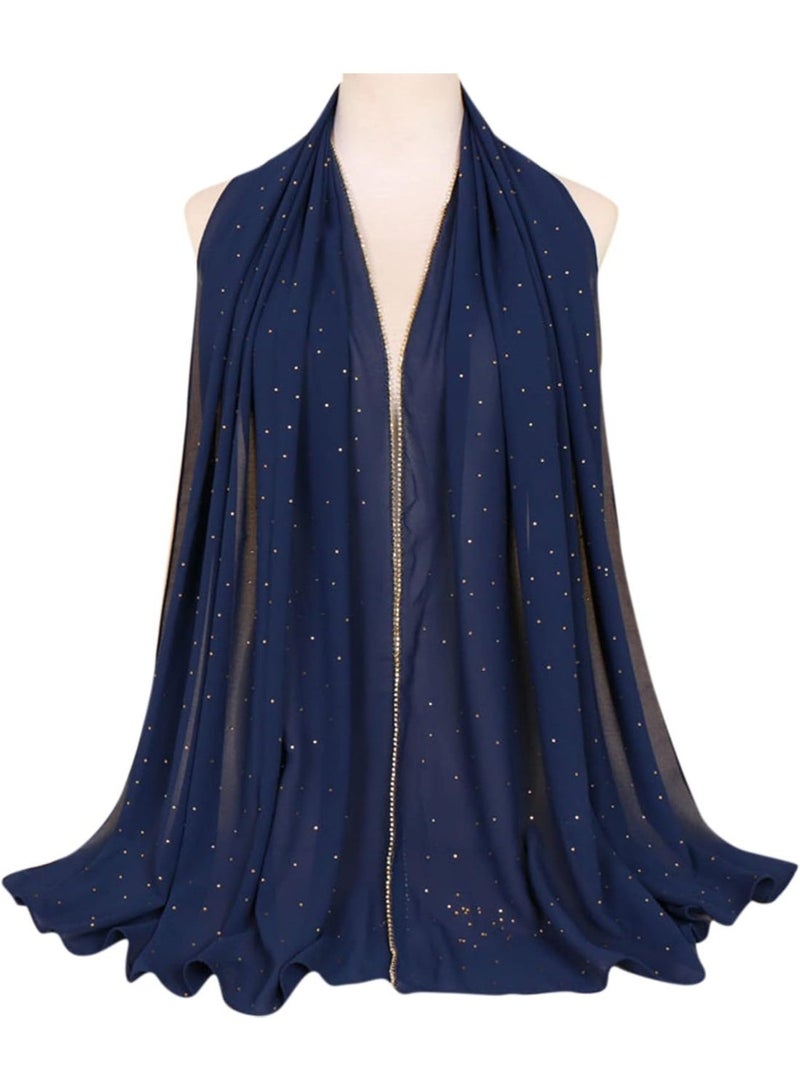 2Pcs Royal Blue Rhinestone Pearl Chiffon Hijab Scarf 180x70cm, Sparkling Gold Beaded Edge Muslim Women Head Wrap for Worship Party Daily Outfit - Image 4