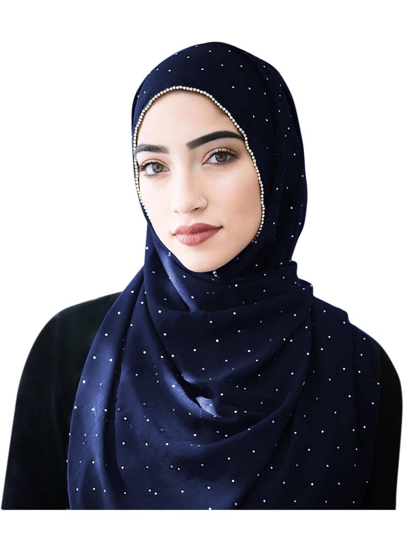 2Pcs Royal Blue Rhinestone Pearl Chiffon Hijab Scarf 180x70cm, Sparkling Gold Beaded Edge Muslim Women Head Wrap for Worship Party Daily Outfit - Image 5