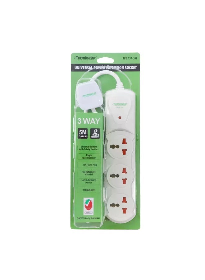 Terminator Terminator 3 Way Universal Power Extension Socket 5mtr Cable With Safety Shutter- White  - Image 2