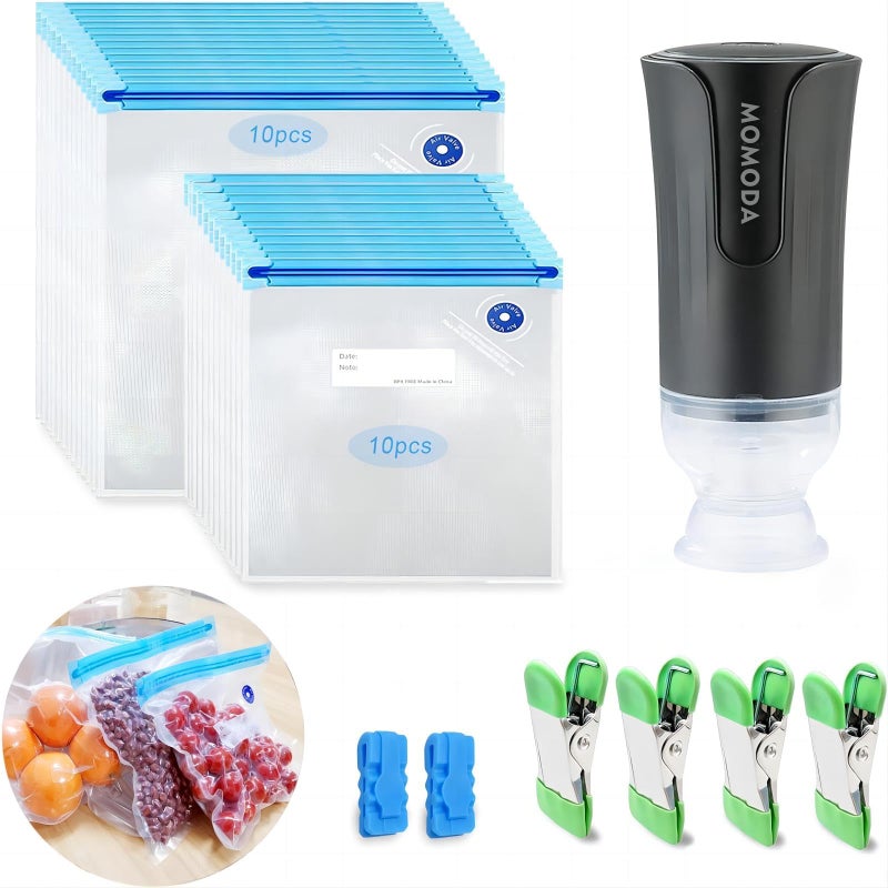 MOMODA Sous Vide Cooking Bags Set of 20 BPAFree Reusable Vacuum Seal Bags with Air Valve for Joule and Anova Cookers Freezer Safe Vacuum Food Storage Bags with Upgraded Electric Pump Included