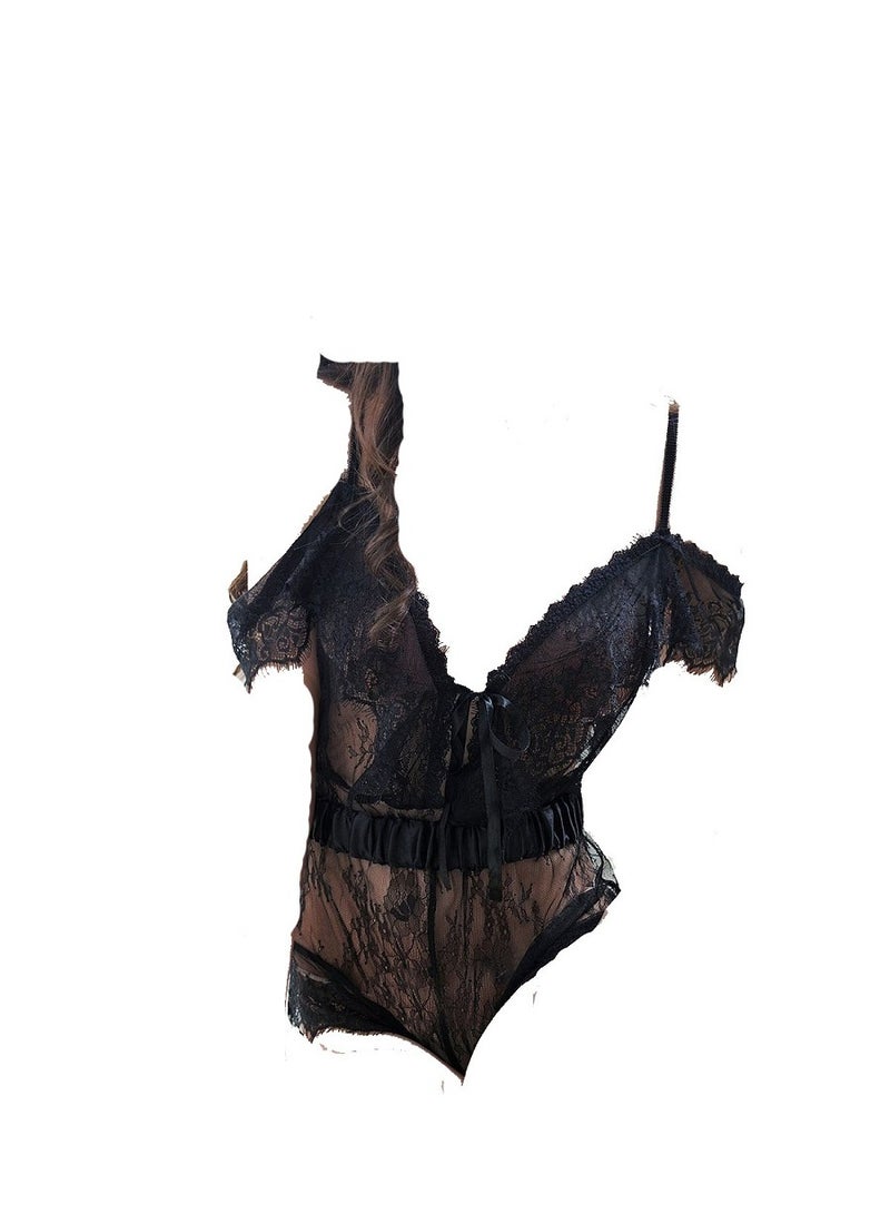Women Sleeveless Contrast Mesh Halter Romper Short Jumpsuit.  - Image 2