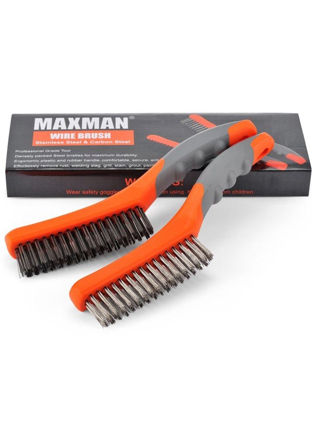 MAXMAN Wire Brush Set,Heavy Duty Carbon Steel and Stainless Steel Wire Scratch Brush for Cleaning Rust with 10" Curved Plastic Handle,2 PCs - Image 1