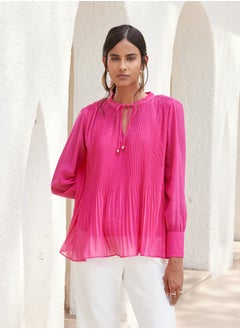 Women's Pink Top with Additional Camisole, V-Neckline, Drawstring Detail, Mushroom Pleating, and Full-Length Cuffed Sleeves for a Chic and Feminine Look